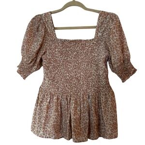 Nine West Puff Sleeve Smocked Peplum Top Leopard Print Beige/Pink Medium